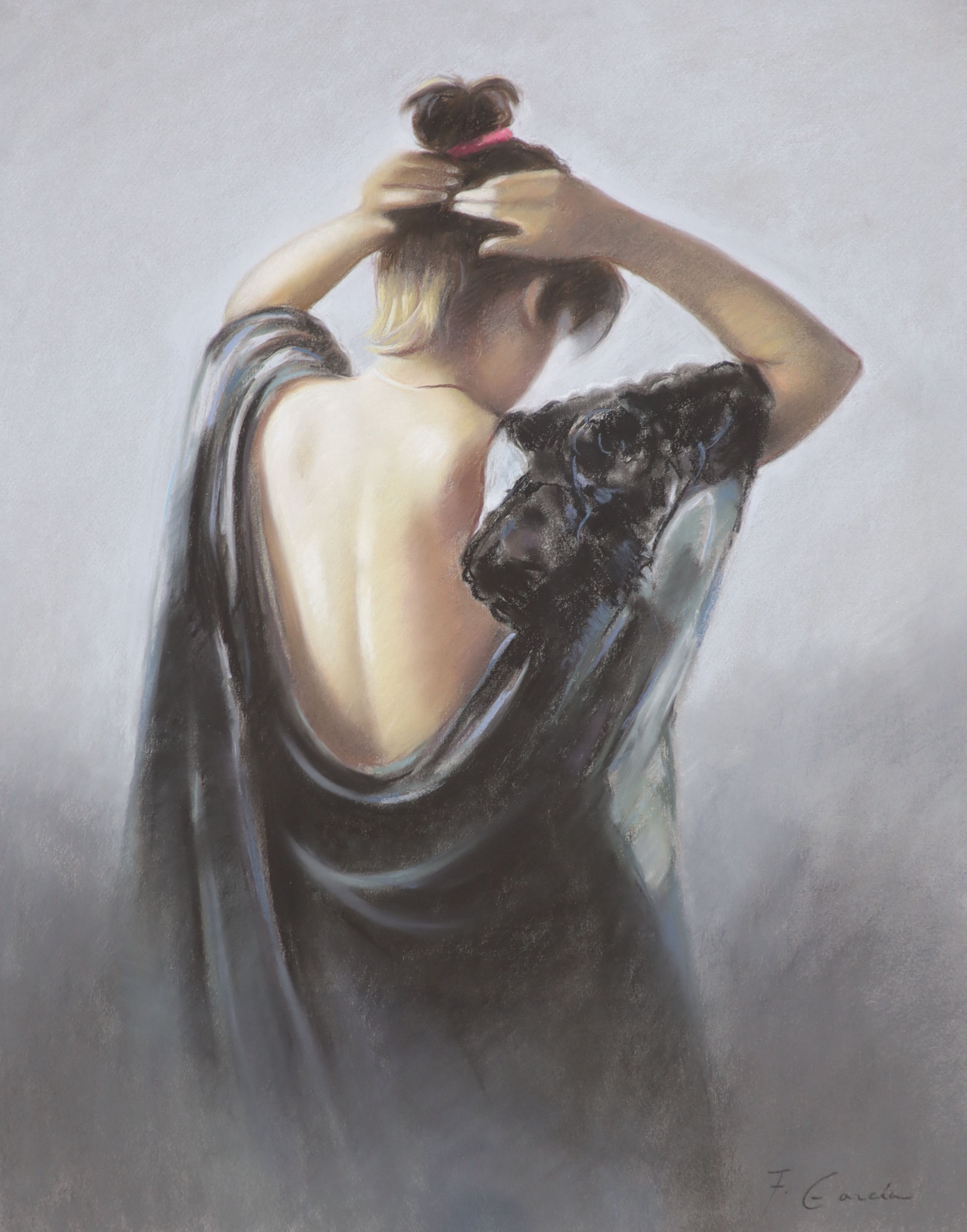 F. Garcia, pastel, Study of a girl in black dress, signed, 63 x 48cm, with COA from Charles Phillips